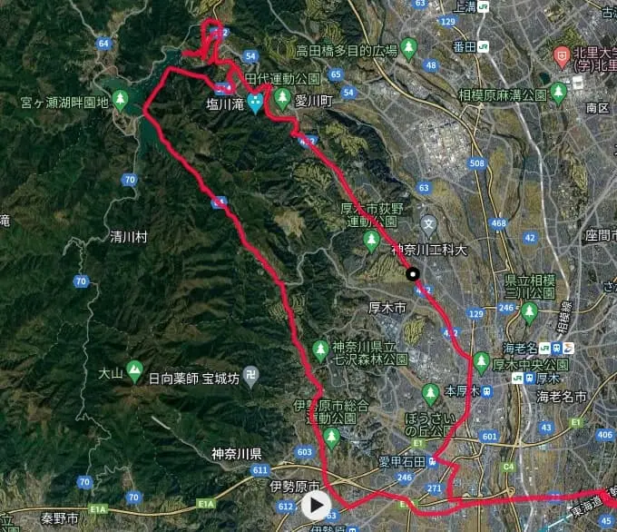 宮ケ瀬湖へのヒルクライムルートの地図