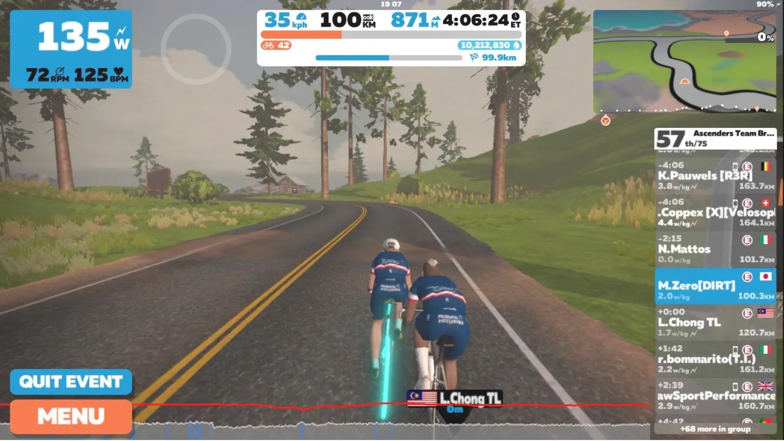 Zwift200kmブルべの100km地点の画像