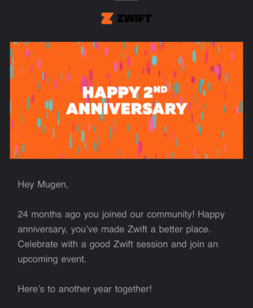 Zwiftから届いた、2周年お祝いメール