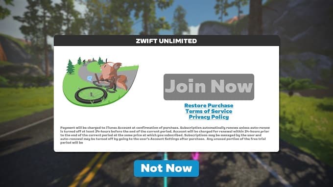 Zwiftのサブスクリプションへの案内画面