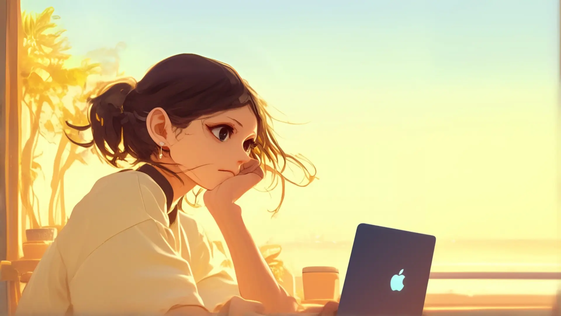 Macbook画面を見つめる女性のイラスト