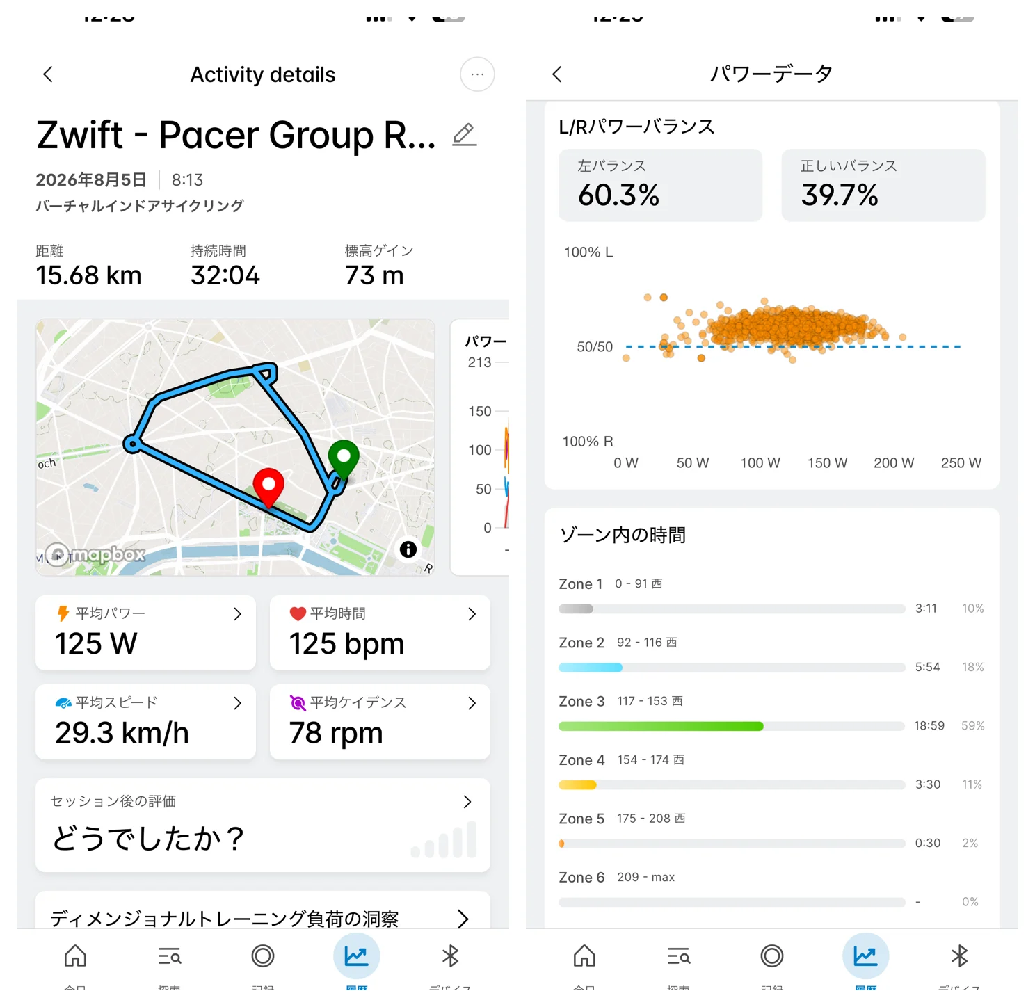 Wahooアプリのライド詳細とL/Rパワーバランスの画面