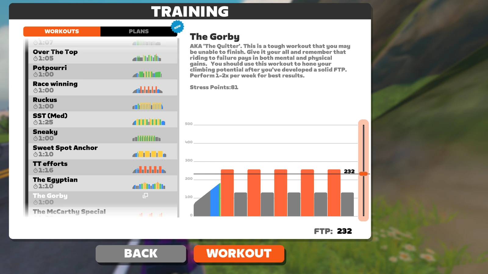 2026年8月時点のZwift TRAINING画面。WORKOUTSリストにThe Gorbyが表示され、説明文の冒頭にAKA The Quitterと記載されている