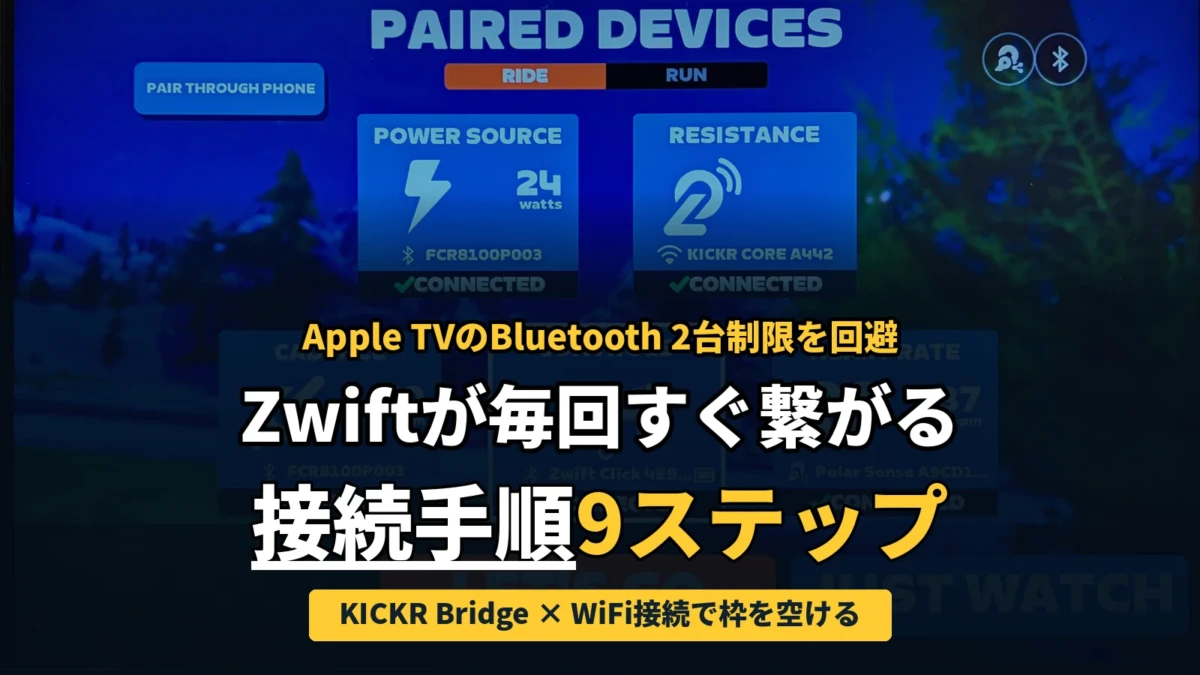 ZwiftのPAIRED DEVICES画面。全デバイスがCONNECTEDになっている