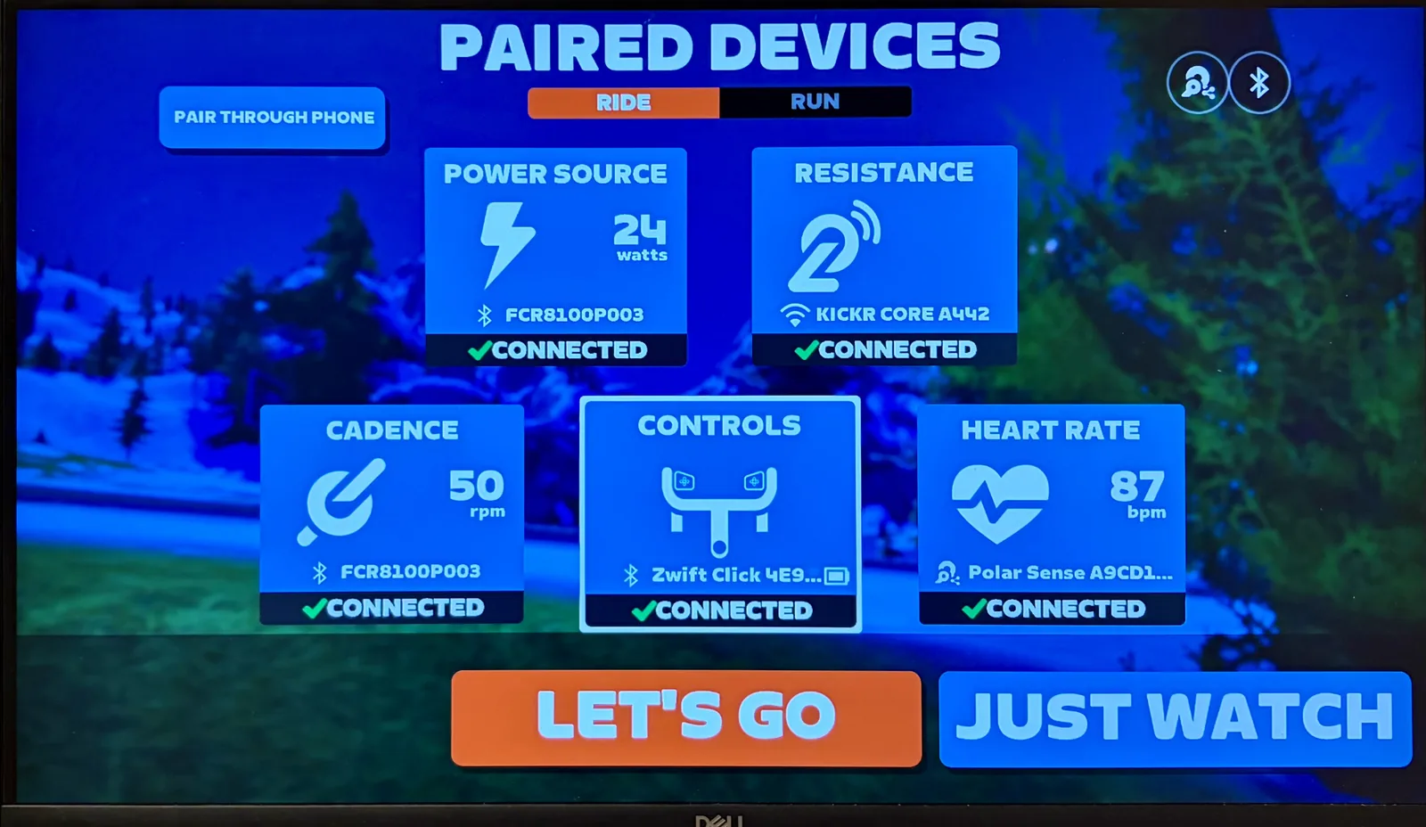 Zwiftのペアリング画面。KICKR CORE2はWiFi、Zwift ClickはBluetooth、Polar SenseはKICKR Bridge経由で接続されている