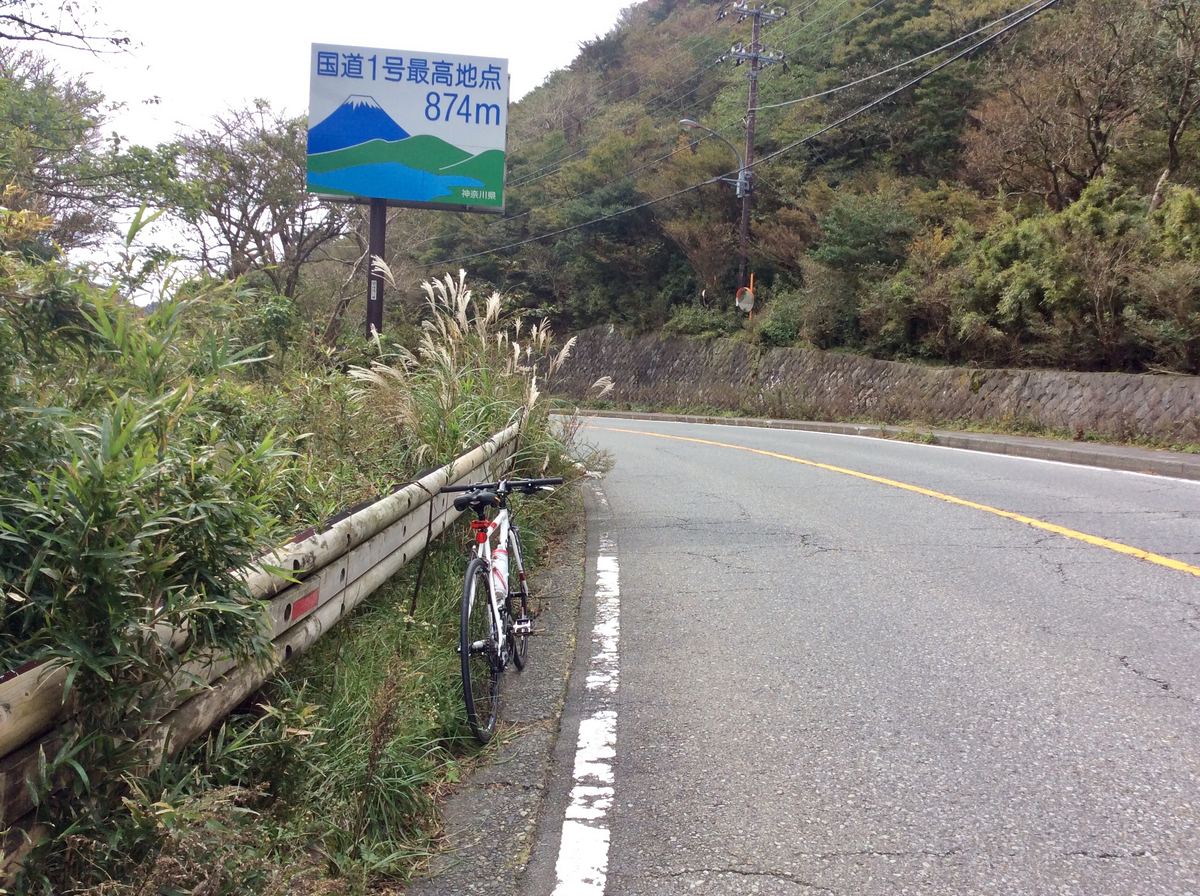 箱根の国道1号最高地点874mの看板とBassoレスモ